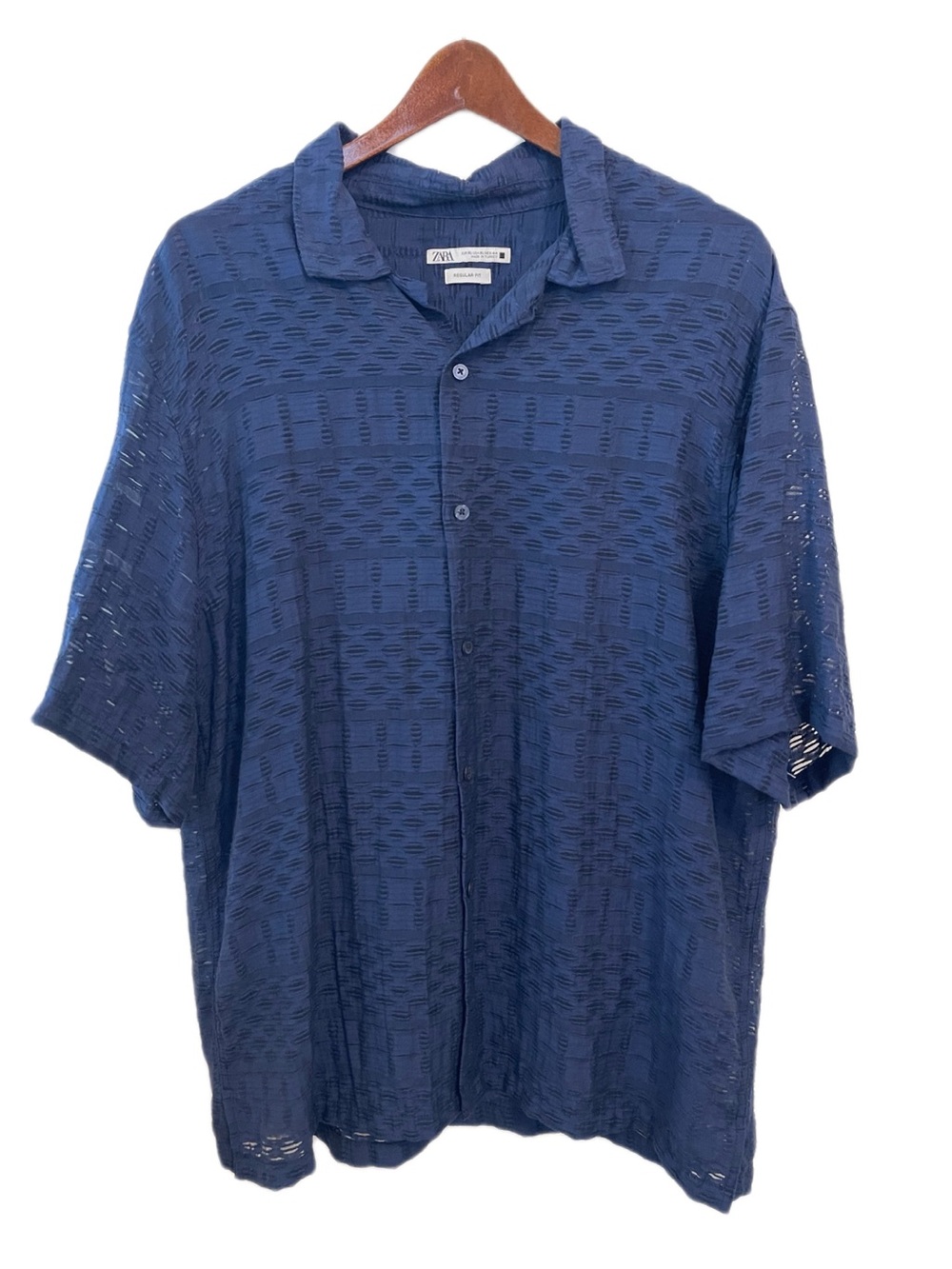 ZARA Men’s Shirt Button Up XL Regular Fit Blue Short Sleeve Semi Sheer Vacation